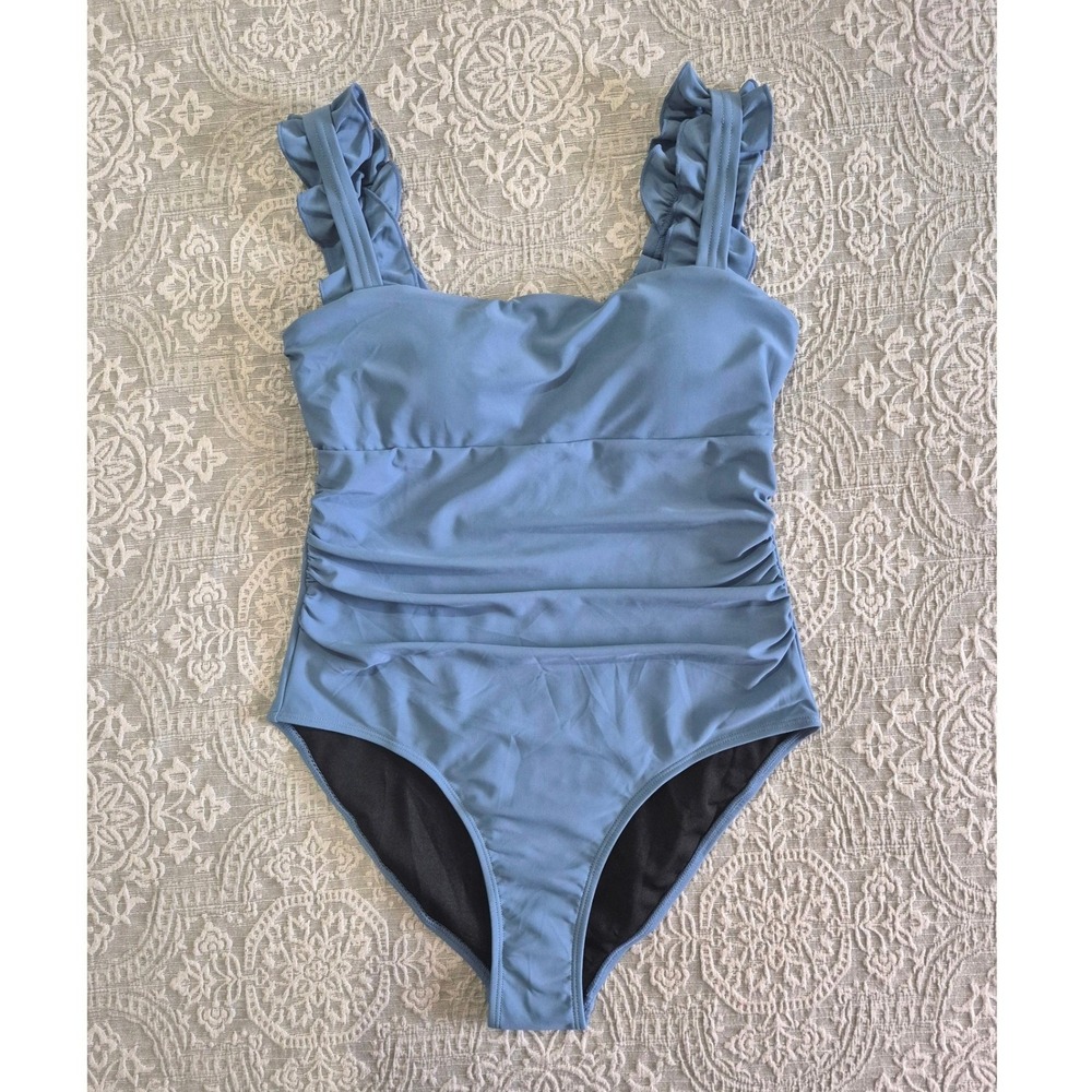 AIMAGE Blue Ruched One Piece Swimsuit Ruffle Strap Tummy‎ Control Size Small